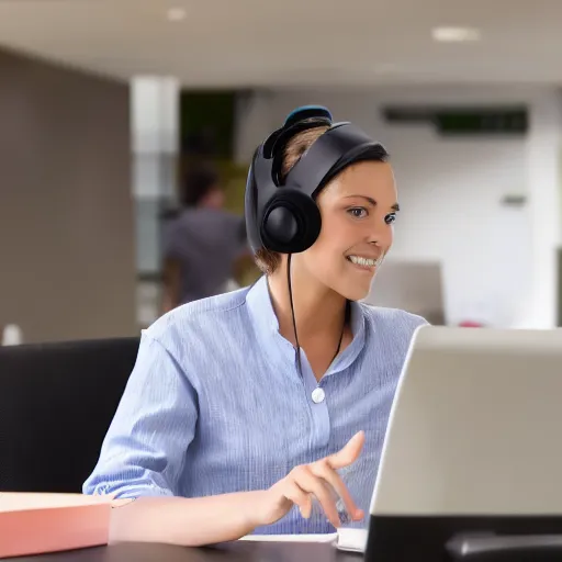 Image similar to woman wearing headset in sit infront computer talking with customers. work from office. photo, digital camera photo.