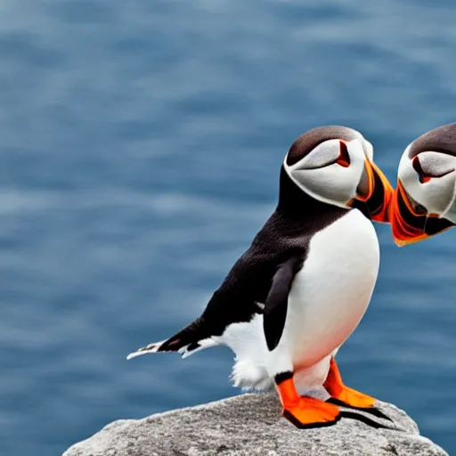 Prompt: puffin and a penguin sitting on a rock