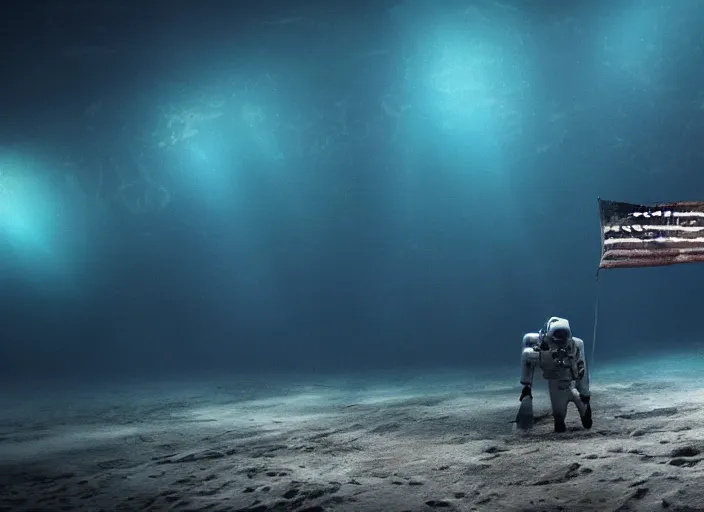 Image similar to astronaut underwater putting a flag in the sand of the bottom of the ocean. there is a futuristic submarine in the distance. dark, concept art, cinematic, dramatic, atmospheric, 8 k, trending on artstation, low visibility, fog, zack snyder