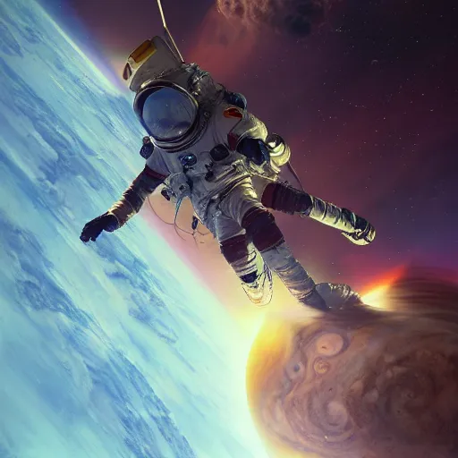 Image similar to burning astronaut falling through the majestic clouds of jupiter, by cedric peyravernay and feng zhu, highly detailed, excellent composition, cinematic concept art, dramatic lighting, trending on artstation