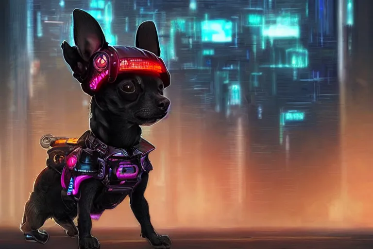 Image similar to a chihuahua with cyberpunk armor, digital art, artstation, highly detailed