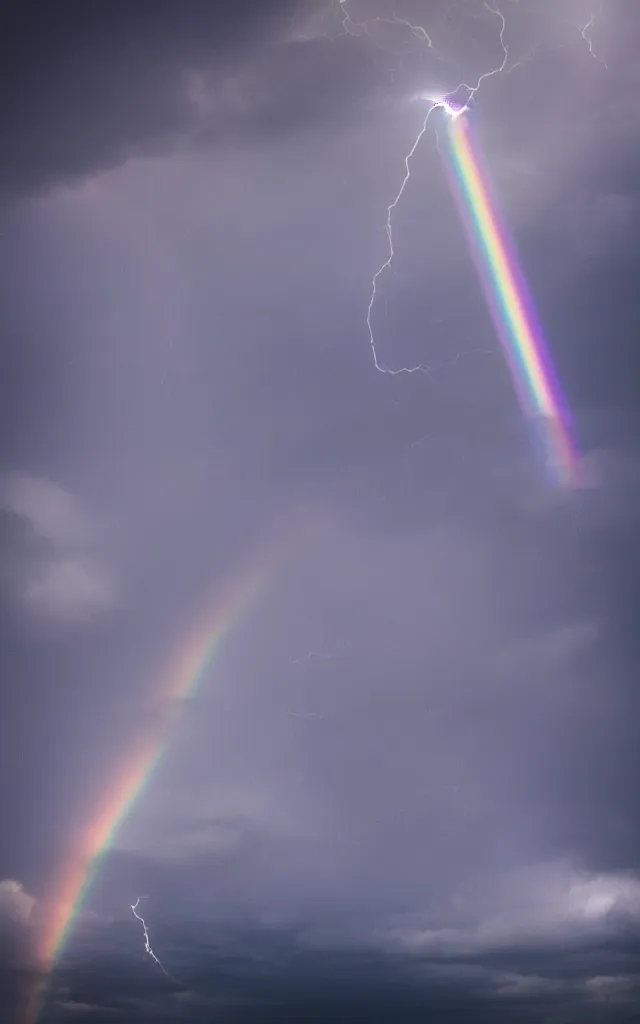 Prompt: dark night stormcloud, intricated rainbow with ring shape, light gleams and beams between the cloud, photography fantasy, realistic