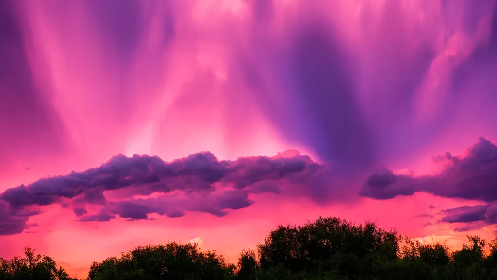 Prompt: high exposure photograph of cumulonimbus clouds on a pink sunset, dslr photography, 4 k resolution