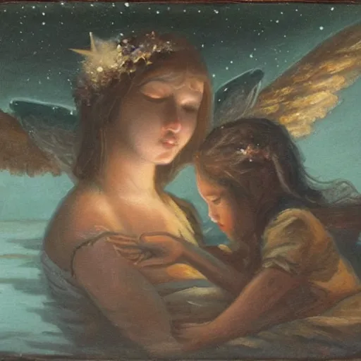 Prompt: An Angel with 6 eyes lulling a child to sleep in the middle of a lake at night, oil painting