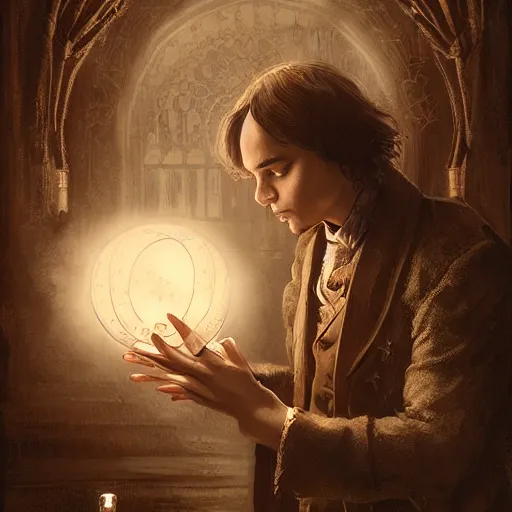 Image similar to Frank Dillane with a crystal ball conducting a seance, intricate, digital painting, old english, victorian, sepia, whimsical background by marc simonetti, artwork by liam wong