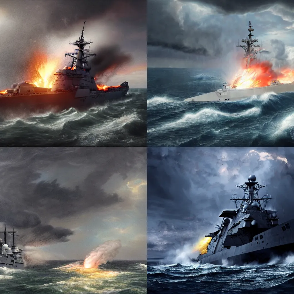 Prompt: An explosion on a destroyer class ship with on a stormy sea, matte painting, highly detailed