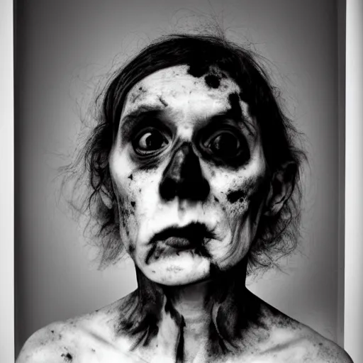 Prompt: portrait of a zombie by Diane Arbus, black and white, photorealistic, symmetrical, 50mm