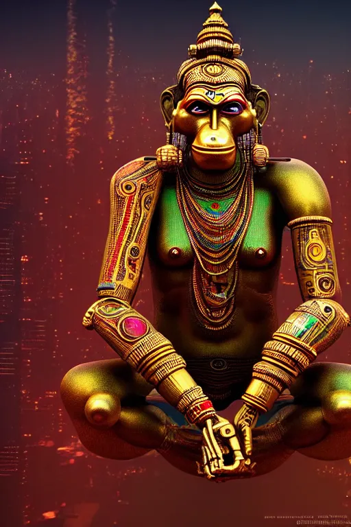 Image similar to high quality 3 d render colorful deconstructed cyborg! hanuman sitting, gold madhubani, highly detailed, cyberpunk!! mumbai in the background, vray cinematic smooth, blade runner, moody light, low angle, uhd 8 k, sharp focus