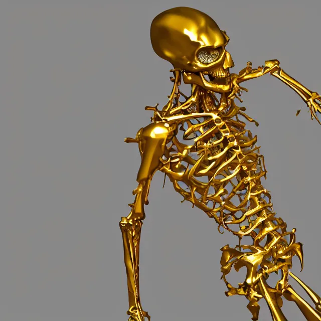 Prompt: golden skeleton fragmented into tiny pieces, 3d render, 4k, artstation