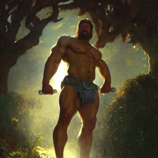 Prompt: handsome portrait of a spartan guy bodybuilder posing, translucence, radiant light, lush surroundings, by gaston bussiere, bayard wu, greg rutkowski, giger, maxim verehin