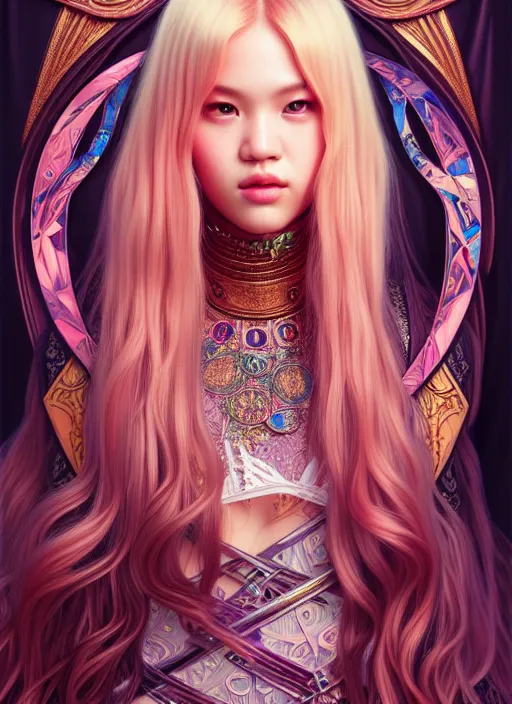 Image similar to jossi of blackpink, king, tarot card, highly detailed, digital painting, smooth, sharp focus, illustration, ultra realistic, unreal engine, 8 k, art by artgerm and alphonse mucha