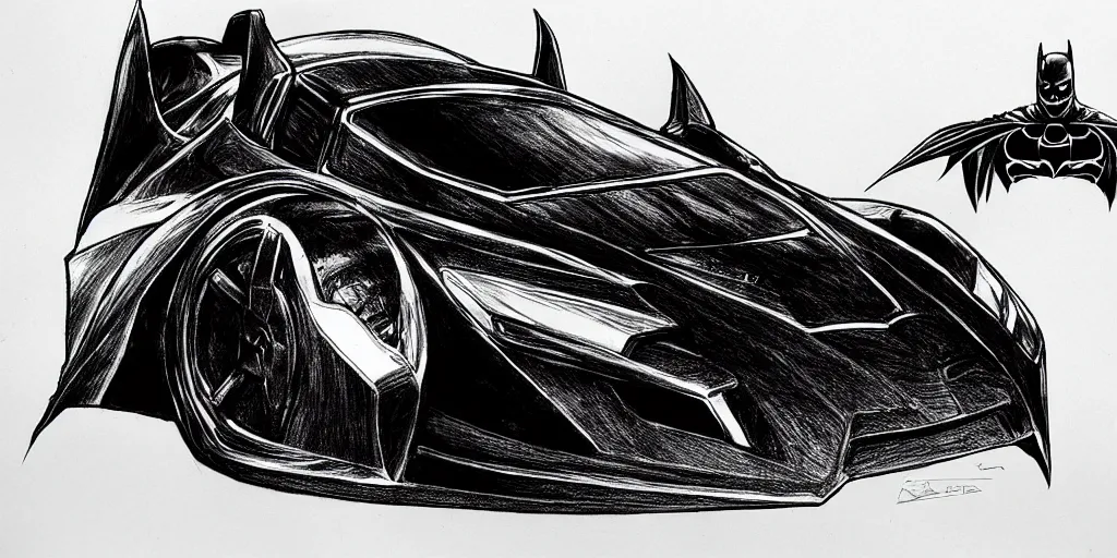 Image similar to ballpoint pen drawing of the batmobile, batman, arkham knight