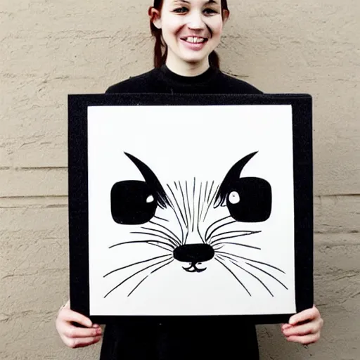 Image similar to squirrel face portrait, cute, block print, simple stylized, black ink on white paper