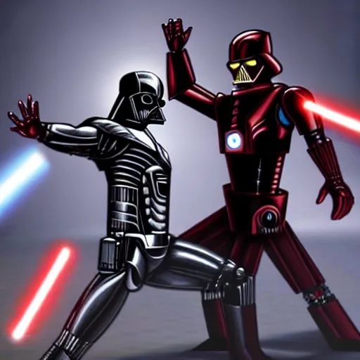 Image similar to iron man vs. darth vader, battle scene, movie scene, cinematic,