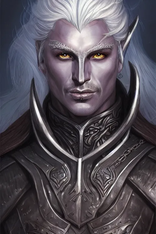 Image similar to head and shoulders portrait of an eldrich knight, drow, dark elf, shadar kai, breastplate, magical, male, high fantasy, d & d, by magali villeneuve, face details, extremely detailed, digital illustration