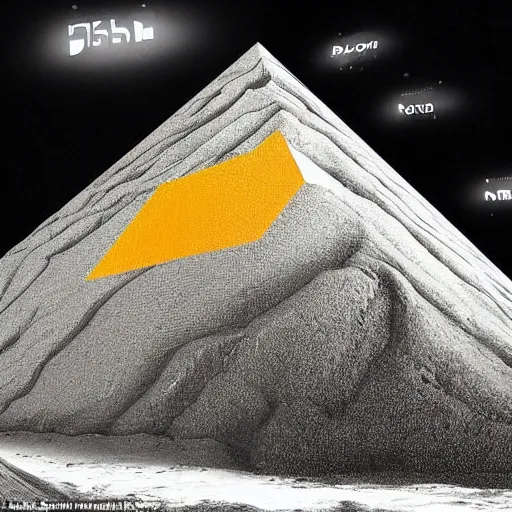 Image similar to a mountain made out of computer screens that display bitcoin logos, cinematic, post - apocalyptic landscape, harsh contrast lighting, in the style of surrealism, made by salvador dali