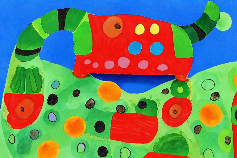 Prompt: A Very Hungry Caterpillar Hydraulic Excavator Eric Carle children's book illustration