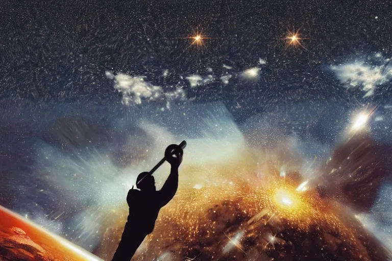 Prompt: a man hammering a big anvil in space, around thousand of stars, beautiful dark sky, photorealistic, highly detailed