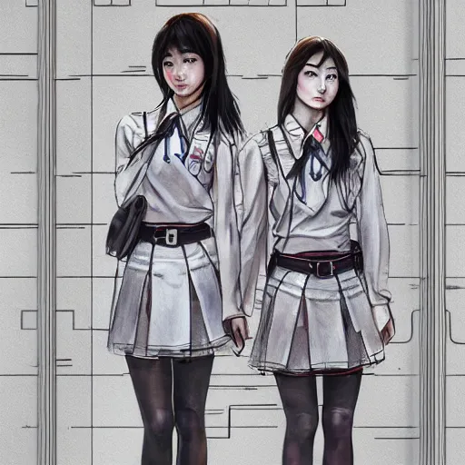 Image similar to a perfect, realistic professional digital sketch of a Japanese schoolgirls posing in a futuristic alleyway, style of Marvel, full length, by pen and watercolor, by a professional American senior artist on ArtStation, a high-quality hollywood-style sketch, on high-quality paper