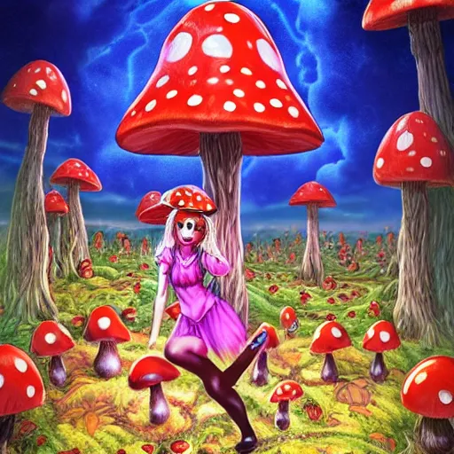 Image similar to 4 k headshot portrait of a psychedelic demonic anthropomorphic ladybug with mushroom themed clothes, magic mushroom village in background by jeff easley, award winning, stylized neon, post - processing, masterpiece, superb resolution. in the art style of junji ito and greg rutkowski. detailed mushroom city in background. hyper realistic anime. perfect art. dalle 2