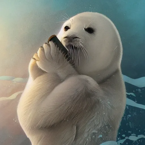 Image similar to portrait of omnipotent baby harp seal, ice and glaciers, arctic, fantasy, intricate, elegant, highly detailed, digital painting, smooth, sharp focus, illustration, art by artgerm and greg rutkowski and alphonse mucha