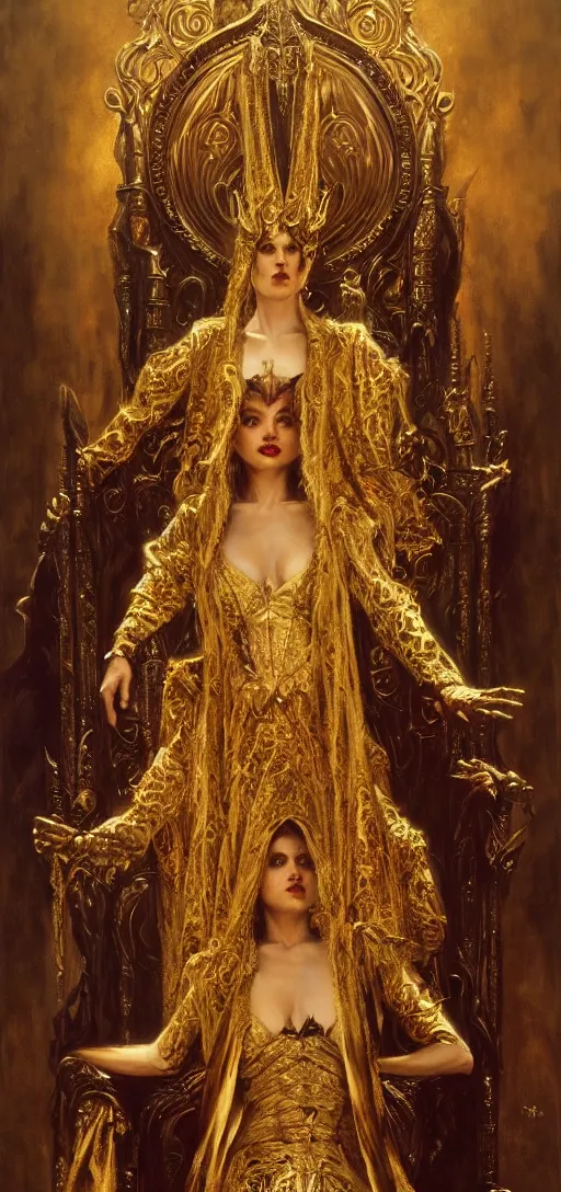 Image similar to full body portrait of beautiful vampire queen in gold gothic robe sitting on a throne of bones, elegant, highly detailed painting by gaston bussiere, craig mullins, j. c. leyendecker, 8 k, mid shot