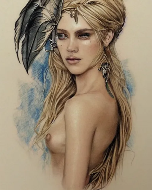 Image similar to tattoo sketch of beautiful greek goddess aphrodite with arrowhead earrings, beautiful feather jewelry, beautiful piercing eyes, flowing blonde hair, realistic face, hyper realistic, in the style of greg rutkowski, fantasy, amazing detail, epic, elegant, smooth, sharp focus, from the front