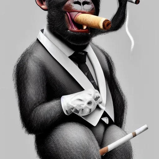 Image similar to a high detail photo of an antropomorphic chimp wearing a suit smoking a cigarrette, subject= chimp, subject detail: wearing a suit, subject action: smoking a cigar, photorealism, dramatic lighting, award winning photograph, trending on artstation