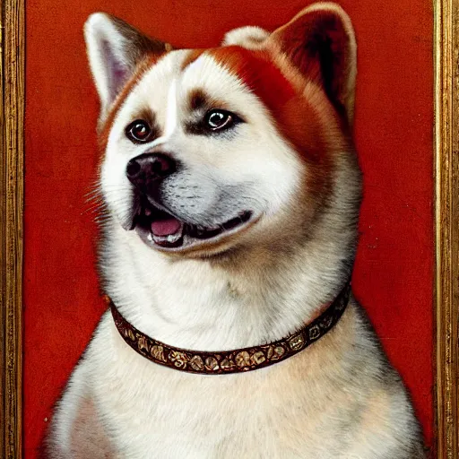 Image similar to potrait of red akita inu dog dressed as a queen in an ornate dress, renaissance painting