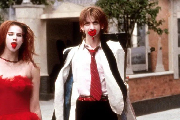 Image similar to film still of two vampires kiss, from john hughes coming - of - age high school comedy about lgbtq vampires in high school