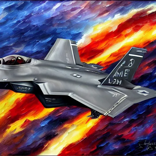 Prompt: f - 3 5 fighter jet by arthur adams, charlie bowater, leonid afremov, chiho ashima, karol bak, david bates, tom chambers