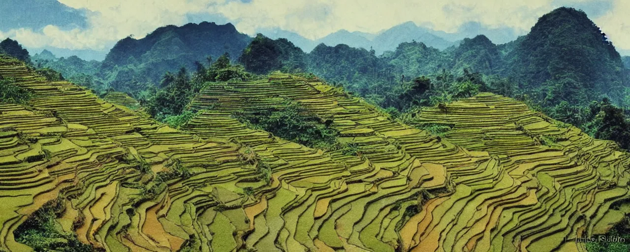 Prompt: a 2D drawing of a beautiful Philippine landscape of the Ifugao Rice Terraces, majestic and exotic by hiroshi yoshida