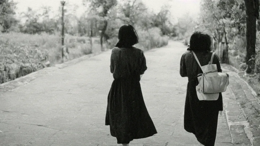 Prompt: film washi photo of a woman on a pathway carrying a white bag