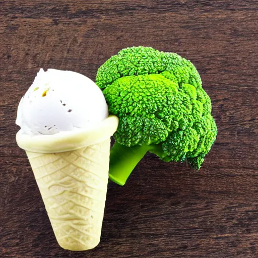 Prompt: a photograph of a levitating ice cream cone filled with broccoli