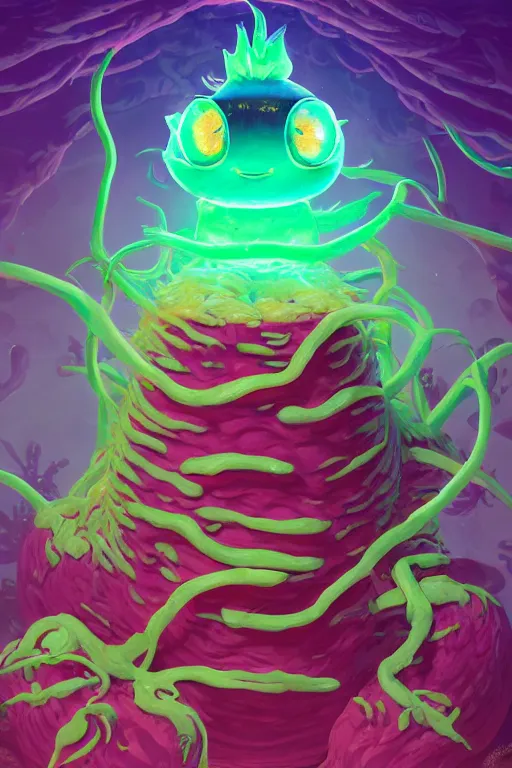 Image similar to roots cactus sushi cristal smurf ghost creature animal sushi cristal very big eye roots cactus elemental flush of force nature micro world fluo fishscale, behance hd by jesper ejsing, by rhads, makoto shinkai and lois van baarle, ilya kuvshinov, rossdraws radiating a glowing aura global illumination ray tracing hdr