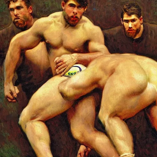 Prompt: handsome rugby players in a scrum painting by gaston bussiere, craig mullins, j. c. leyendecker, tom of finland, marble sculpture