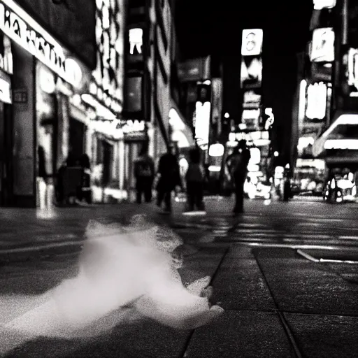 Image similar to digital art of a ghost smoking a cigarette on NYC sidewalk, city lights, trending on artstation, 8k, 4k, volumetric lighting, smooth sharp focus, lighthearted, cinematic composition, hd