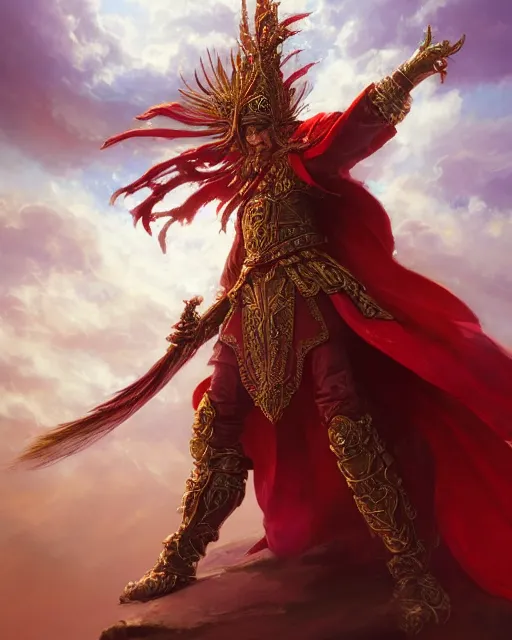 Image similar to A Full View of a Red Mage wearing magical ornate armor and a feathered hat surrounded by an epic cloudscape. Magus. Red Wizard. Fantasy Illustration. masterpiece. 4k digital illustration. by Ruan Jia and Mandy Jurgens and Artgerm and greg rutkowski and Alexander Tsaruk and WLOP and Range Murata, award winning, Artstation, art nouveau aesthetic, Alphonse Mucha background, intricate details, realistic, panoramic view, Hyperdetailed, 8k resolution, intricate art nouveau