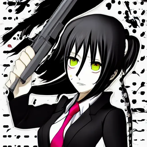 Prompt: mukuro ikusaba from danganronpa holding a gun, clean lines