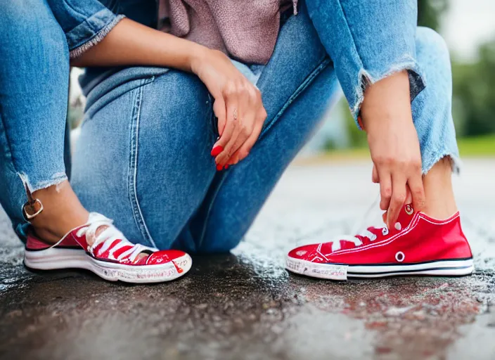 Image similar to side view of the legs of a woman hook sitting on the ground by a curb, very short pants, wearing red converse shoes, wet aslphalt road after rain, blurry background, sigma 8 5 mm