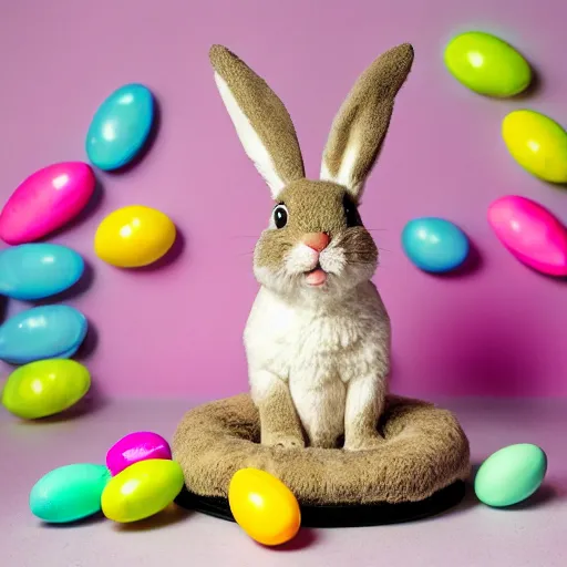 Image similar to easter bunny sitting on a tire, studio photo, high quality