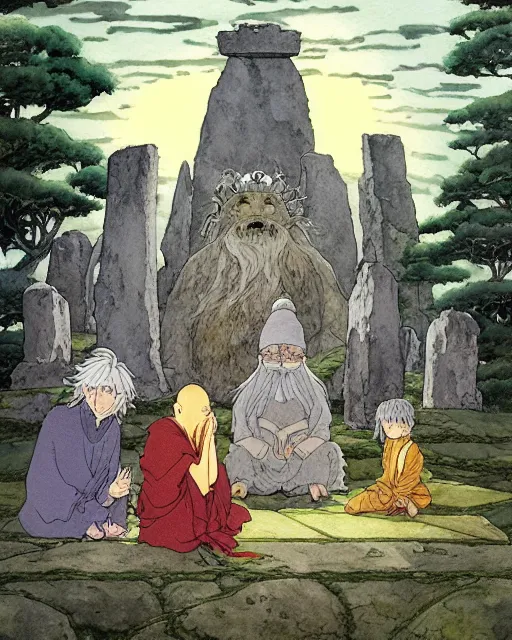 Image similar to a hyperrealist studio ghibli watercolor fantasy concept art of a giant long haired grey witch in lotus position sitting on top of stonehenge with a starry sky in the background. a group of tiny monks are prostrating them themselves. by rebecca guay, michael kaluta, charles vess