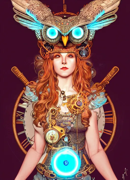 Image similar to the goddess artemis smirking with mechanical owl perched on her shoulder, steampunk, glowing eyes, volumetric lights, red and cyan theme, art nouveau botanicals, intricate, highly detailed, digital painting, artstation, concept art, smooth, sharp focus, cinematic, illustration, beautiful face, art by artgerm and greg rutkowski and alphonse mucha