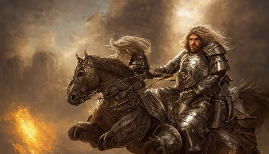 Image similar to portrait, handsome long - haired male fantasy paladin in shining armor on an armored horse, blond, rpg game, stern expression, main character, detailed, digital painting, artstation, sharp focus, illustration, artgerm, tomasz alen kopera, peter mohrbacher, donato giancola, joseph christian leyendecker, wlop, frank frazetta