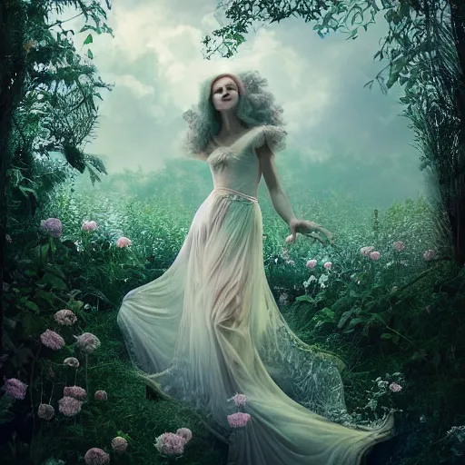 Prompt: beautiful woman descending from clouds into enchanted garden, full body portait, ornated jewels, fabricated gown, art nouveau, octane render, 8 k, cinematic lighting, ultra hi definition