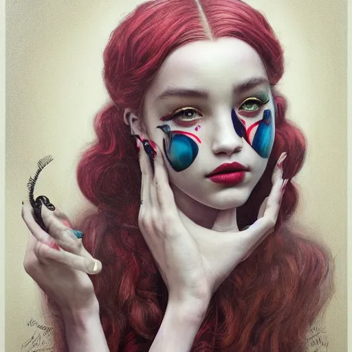 Prompt: tom bagshaw portrait, insanity and madness curiosities, beautiful asian mix of dove cameron madison beer bella poarch in a full dress body, clown makeup, professionally retouched, focus eyes, ultra realistic soft painting, insanely detailed linework, symmetrical accurate intricate features, behance, 8 k