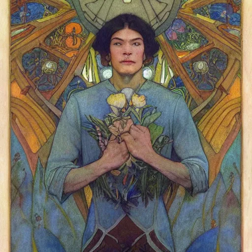 Image similar to the flower prince, by jessie willcox smith and donato giancola and nicholas roerich, and diego rivera, and leo and diane dillon, symbolist, tattoos, dramatic lighting, elaborate geometric ornament, art brut, god rays, soft cool colors, smooth, sharp focus, extremely detailed