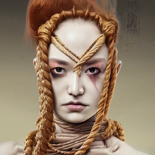 Image similar to portrait of a Shibari rope wrapped face and neck, headshot, insanely nice professional hair style, dramatic hair color, digital painting, of a old 13th century, traveler, amber jewels, baroque, ornate clothing, scifi, realistic, hyper detailed, chiaroscuro, concept art, art by Franz Hals and Jon Foster and Ayami Kojima and Amano and Karol Bak,