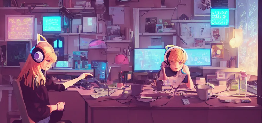 Image similar to a blond woman with cat ear headphones, sitting in front of computer, gamer, computer nerd, cute room, neon lights, gamer aesthetic, lofi vibes, strong crisp lineart and flat color, by ilya kuvshinov, krenz cushart, Greg Rutkowski, trending on artstation