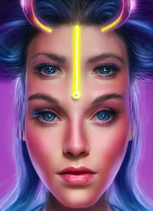 Image similar to gorgeous android woman facial portrait dressed in an aerobic outfit of the eighties with head band, retro, beautiful lights, vintage look, depth of field, hyper realistic, illustration, airbrush, 8 k, intricate, duo tone, art by david la chapelle and philip castle, artgerm
